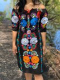 Floral-Print Casual Tribal Off Shoulder Dresses