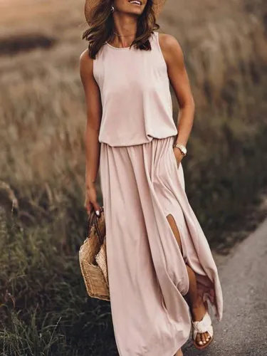 Pink Holiday Cotton-Blend Solid Round Neck Dresses