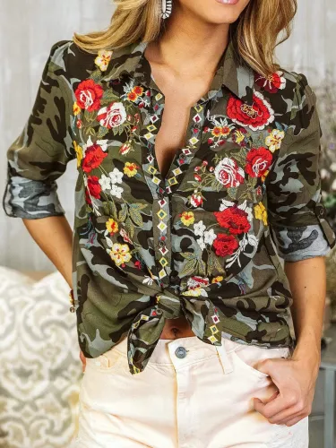 Long Sleeve Floral-Print Leopard Shirts & Tops