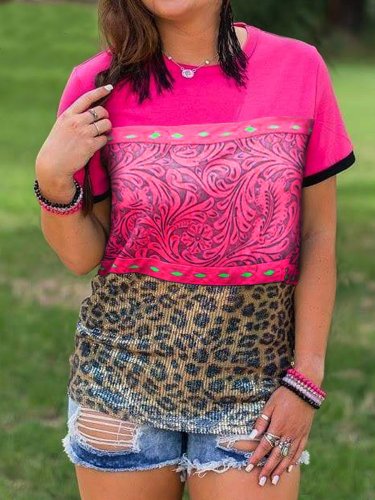 Printed Short Sleeve Leopard Crew Neck Shirts & Tops