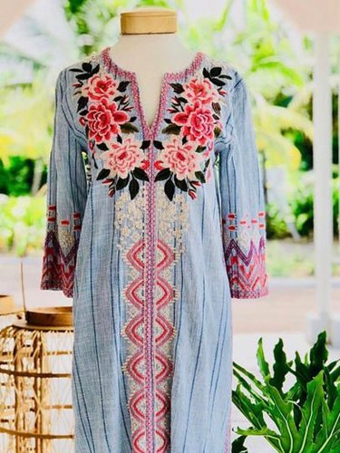Printed V Neck Vintage 3/4 Sleeve Dresses
