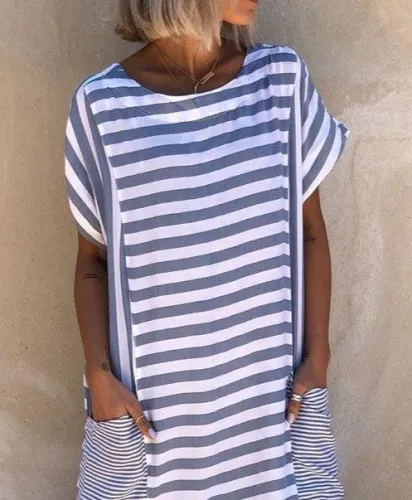 Plus Size Casual Stripes Short Sleeve Pockets Crew Neck Dresses