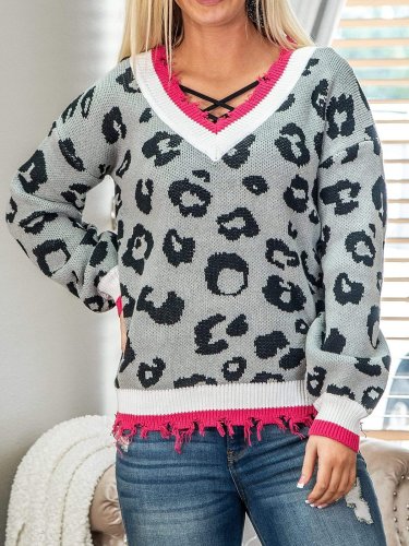 Leopard V Neck Boho Long Sleeve Shirts & Tops