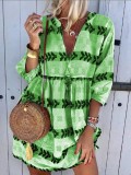 White Cotton-Blend Casual V Neck Stripes Dresses
