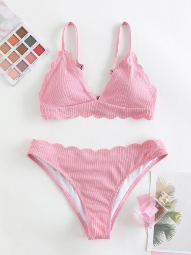 Solid Wavy Hem Spaghetti Straps Bikini