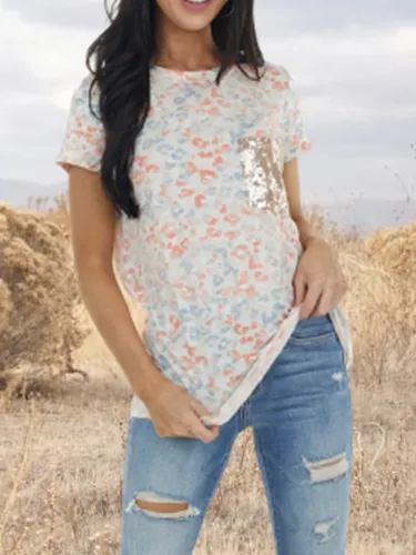 Floral-Print Crew Neck Leopard Romantic Shirts & Tops