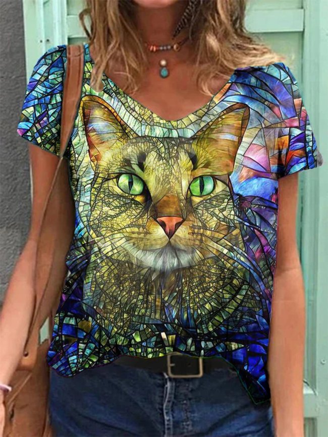 Glass Painting Cat Floral-Print V Neck Short Sleeve Shirts & Tops