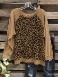 Leopard Long Sleeve Round Neck Cotton-Blend Shirts & Tops