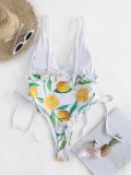 Lemon & Floral Print Cinched Side Plunge Swimsuit