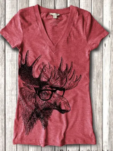 Red Short Sleeve Printed V Neck Shirts & Tops