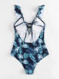 Leaf Print Plunging Collar One-Piece Swimwear