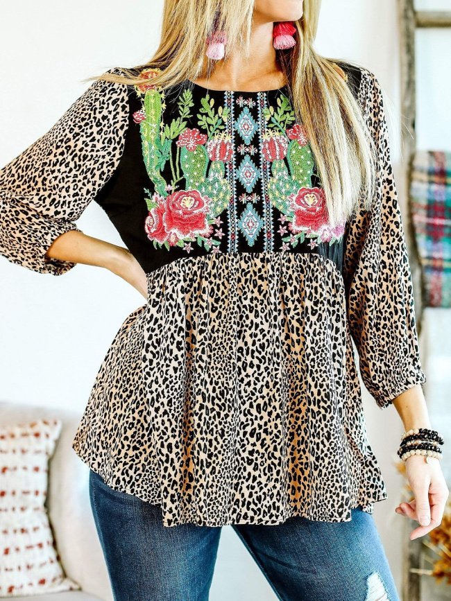 Simple 3/4 Sleeve Leopard Shirts & Tops