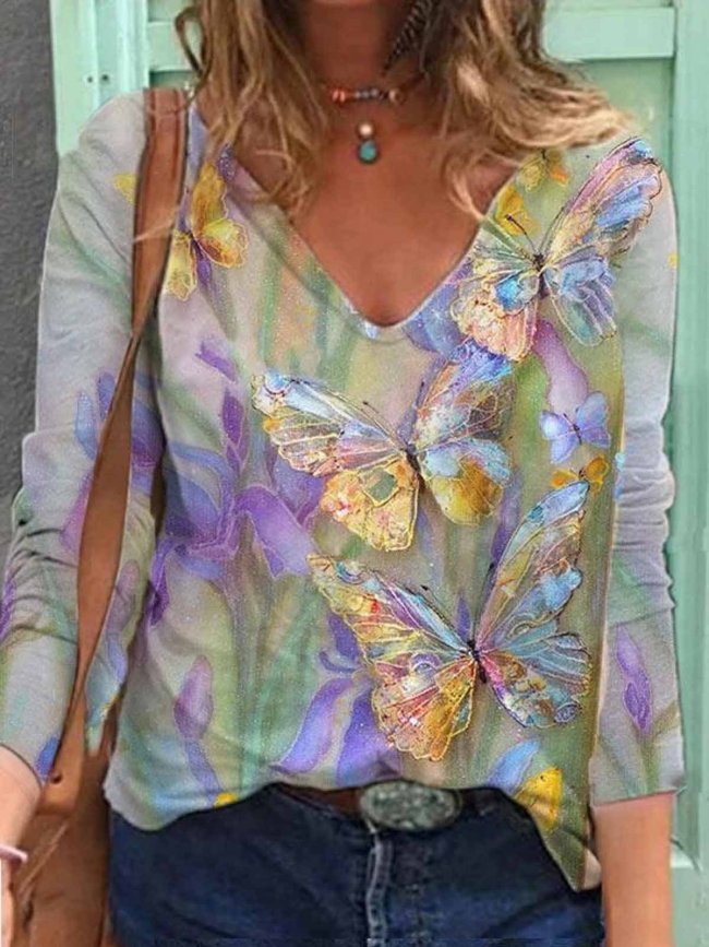 Long Sleeve Casual Printed Butterfly Shirts & Tops
