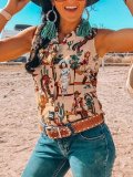 Vintage Sleeveless Boho Cactus Geometric Printed Plus Size Casual Vest Tops