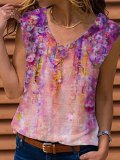 Oil Painting Flowers Sleeveless V Neck Floral-Print Shirts & Tops