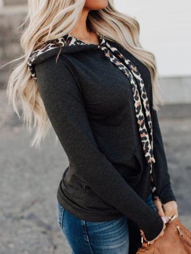 Black Cotton Hoodie Long Sleeve Leopard Shirts & Tops