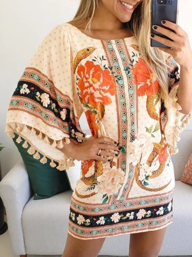 Flower Tribal Cotton-Blend Casual Dresses