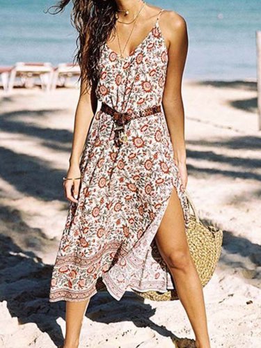 Red Sleeveless Printed Floral Dresses