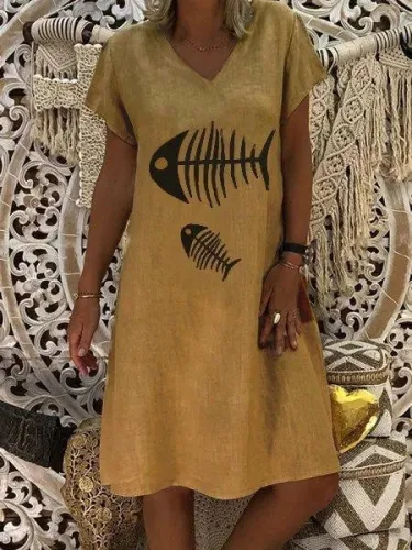 Casual V Neck Plain Short Sleeve Dresses