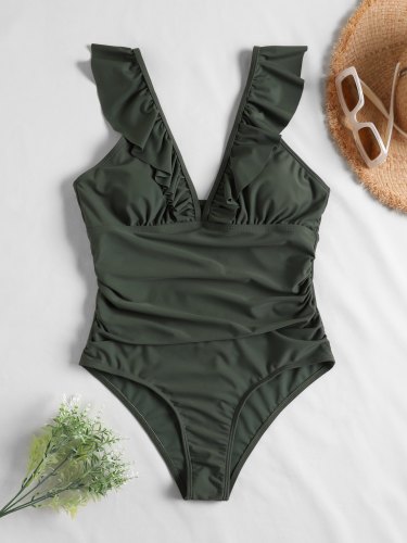 Solid Ruffle Plunge Collar One-Piece Swimsuit