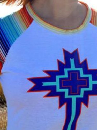 White Long Sleeve Printed Round Neck Tops
