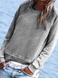 Blue Cotton-Blend Crew Neck Long Sleeve Plain Shirts & Tops