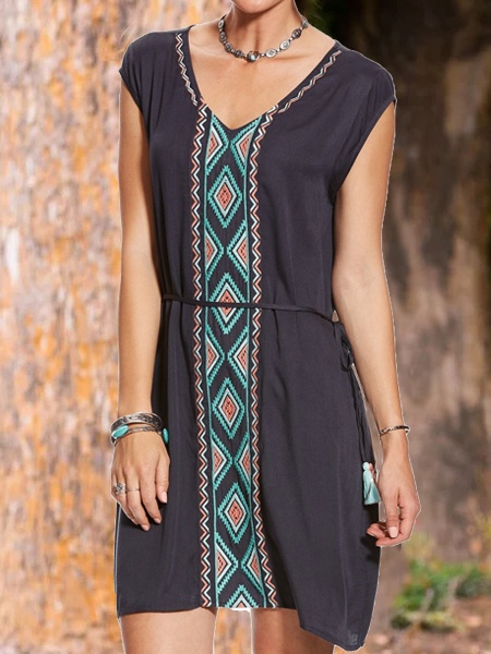 Cotton-Blend V Neck Printed Casual Dresses