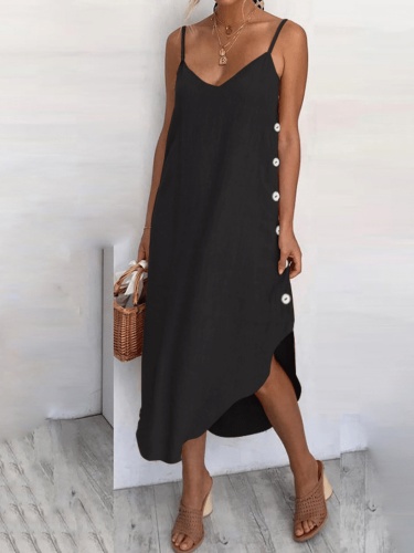 Spaghetti-Strap Cotton-Blend Solid Casual Dresses