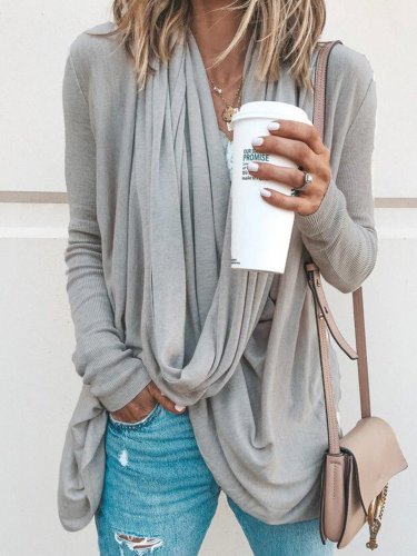Spring/Fall Cowl Neck Asymmetrical Solid Casual T-Shirts