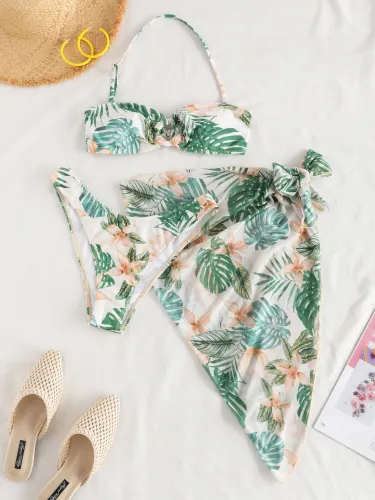 Leaf & Floral Print Three-Piece Chiffon Bikini