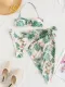 Leaf & Floral Print Three-Piece Chiffon Bikini