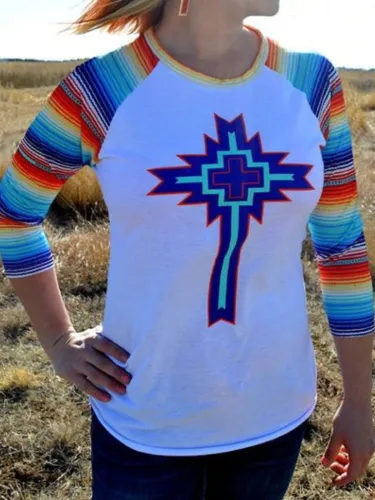 White Long Sleeve Printed Round Neck Tops