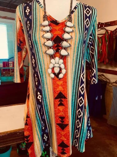Multicolor Tribal V Neck Cotton-Blend Half Sleeve Plus Size Blouse