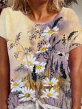 Vintage Cotton-Blend Floral-Print Short Sleeve Shirts & Tops