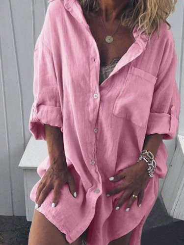 Plus Size Casual V Neck Long Sleeve Solid Dresses