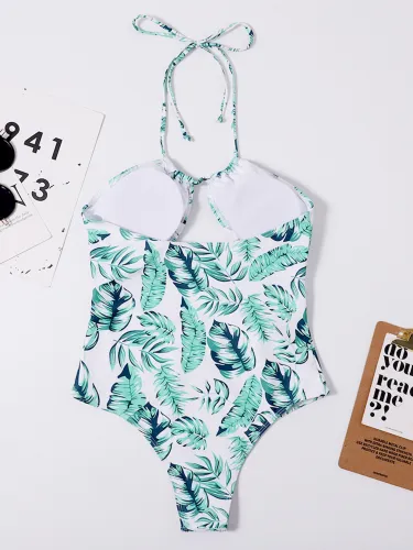 Leaf Print Cutout Halter One-Piece Swimwear