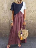Crew Neck Brown Women  Shift Beach Cotton-Blend Shift Color-block,Leather-paneled Dresses