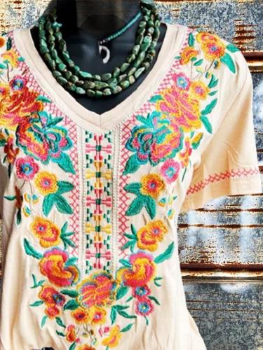 V Neck Casual Short Sleeve Floral Shirts & Tops