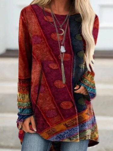 Long Sleeve Patchwork Round Neck Shirts & Tops