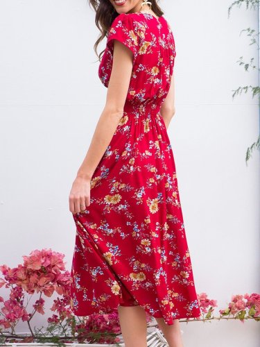 Floral Short Sleeve Floral-Print V Neck Dresses