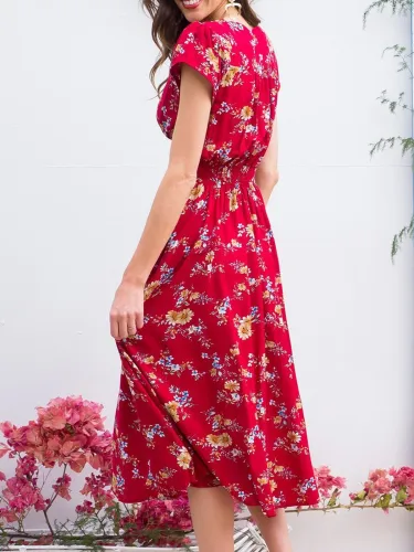 Floral Short Sleeve Floral-Print V Neck Dresses