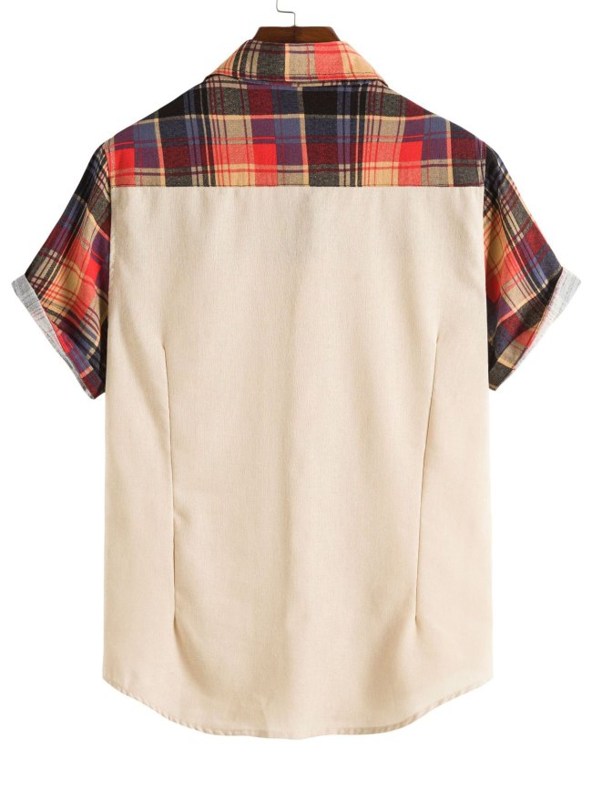 Men's Plaid Patchwork Button Short Sleeve Shirt