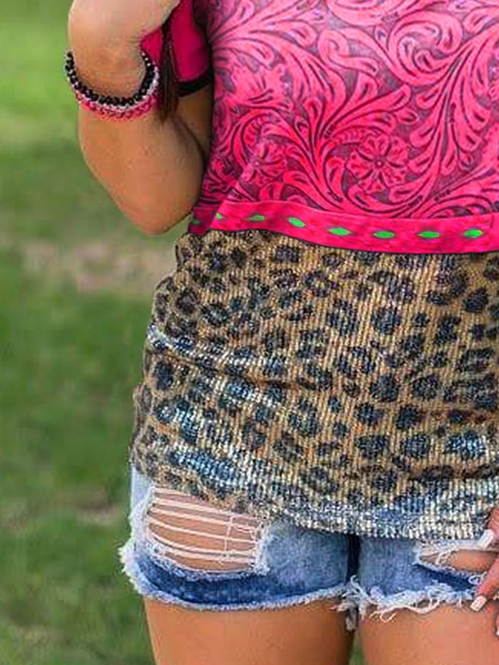 Printed Short Sleeve Leopard Crew Neck Shirts & Tops