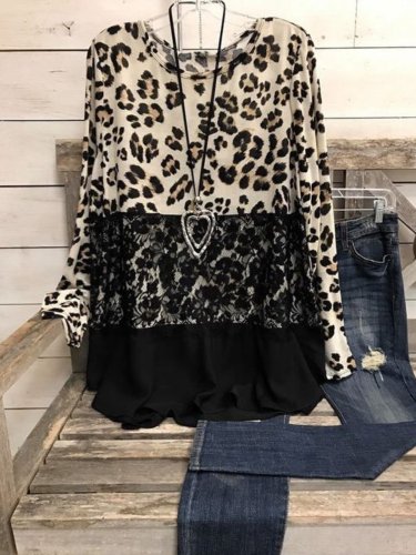 Casual Long Sleeve Round Neck Plus Size Printed Tops
