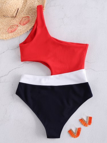 Asymmetry Color Block Cut Out One Piece Swimwear