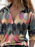 Color-Block Long Sleeve Shirt Collar Abstract Shirts & Tops