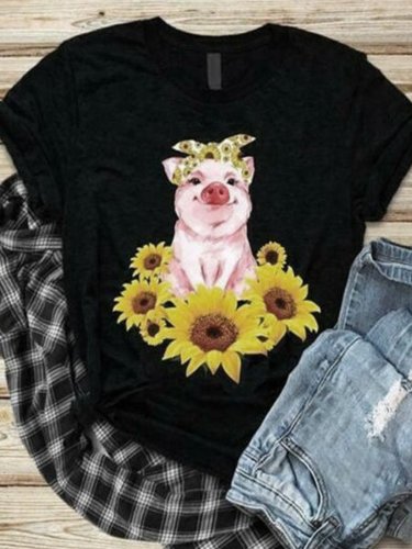 Casual plus size loose summer piggy chrysanthemum pattern printed short-sleeved round neck T-shirt