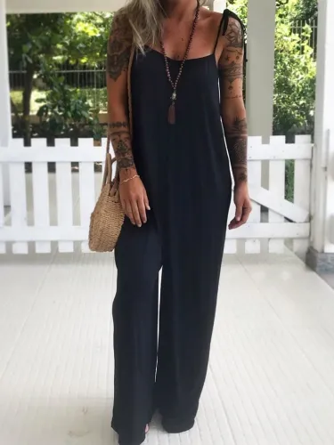 Black Spaghetti Plain Sleeveless Jumpsuits