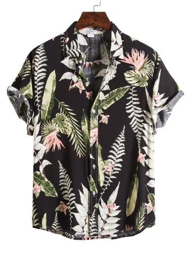Men's Retro Floral Leaf Print Button Up Shirt