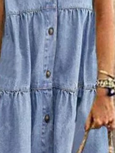 Blue Plain Denim Short Sleeve Shirt Collar Dresses